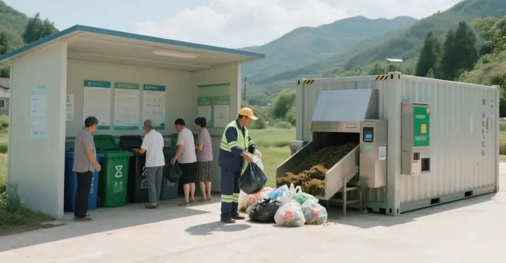 村落垃圾分类站点，环卫工人在分拣垃圾，居民在投放垃圾。。。旁边还有一个自动进出料的堆肥发酵设备，集装箱式的样子。。。.jpeg